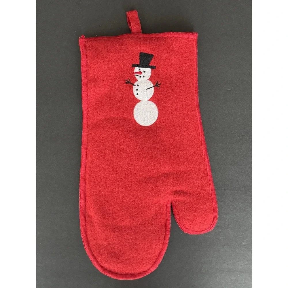 Crate & Barrel CHRISTMAS SNOWMAN Oven Mitt & Pot Holder Red Wool/Felt - Set of 2